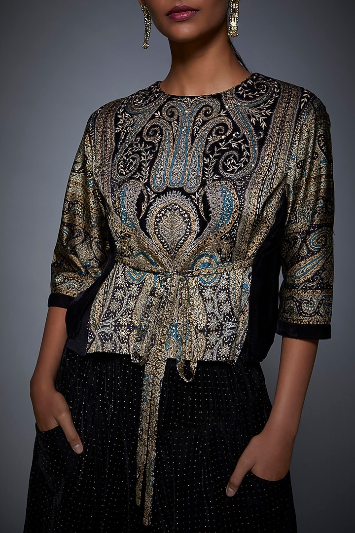 Black & Grey Printed Embroidered Top With Dhoti Pants by Ri Ritu Kumar at Pernia's Pop Up Shop