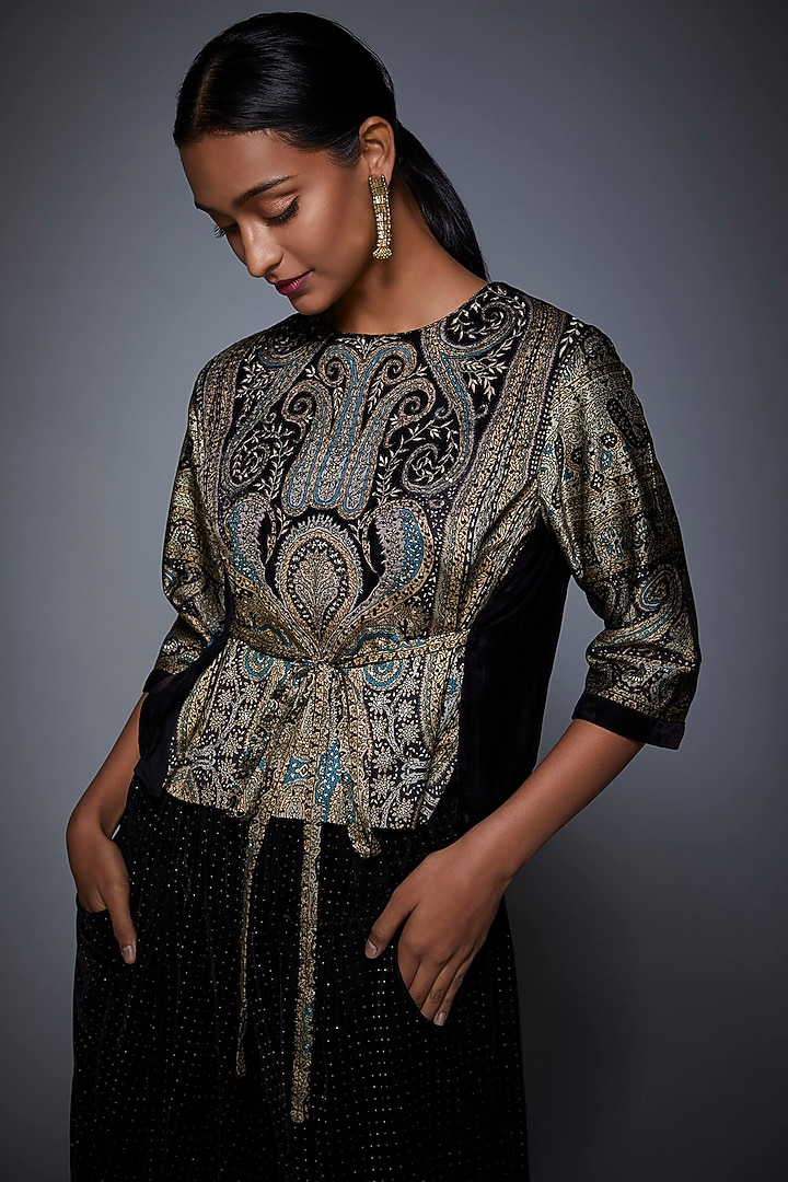 Black & Grey Printed Embroidered Top With Dhoti Pants by Ri Ritu Kumar at Pernia's Pop Up Shop