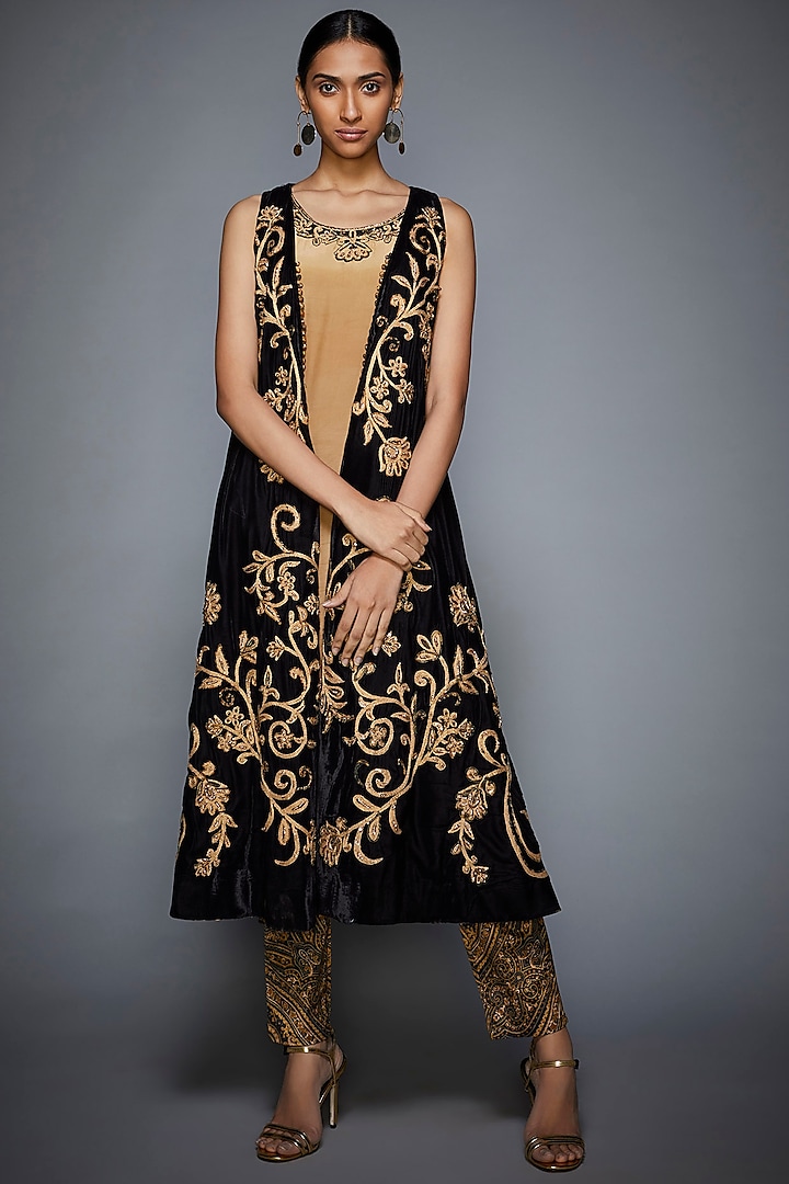 Black Embroidered Jacket With Trousers & Inner by Ri Ritu Kumar