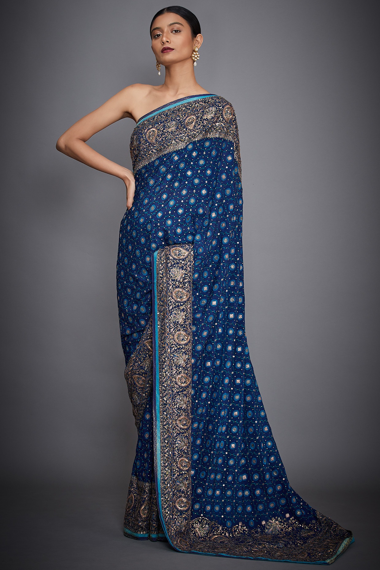 Beige gold unstitched blouse saree by Ritu Kumar