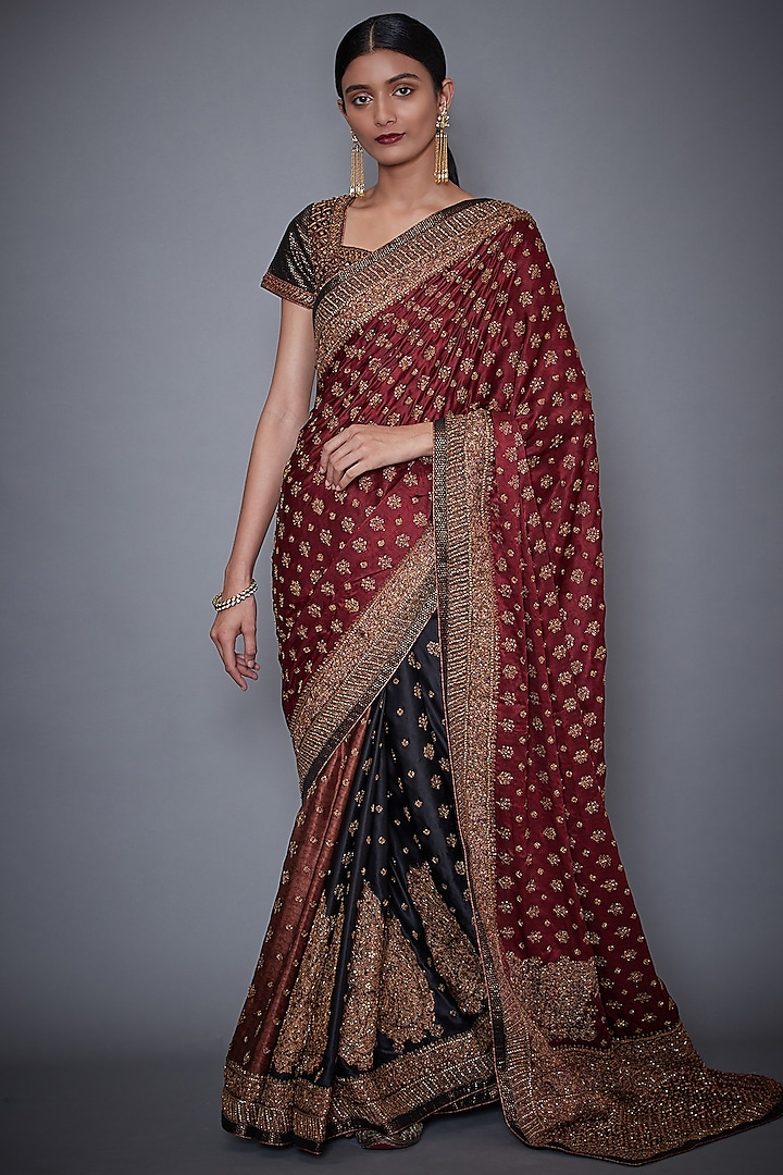 Black & Burgundy Embroidered Bridal Saree Set by Ri Ritu Kumar at Pernia's Pop Up Shop