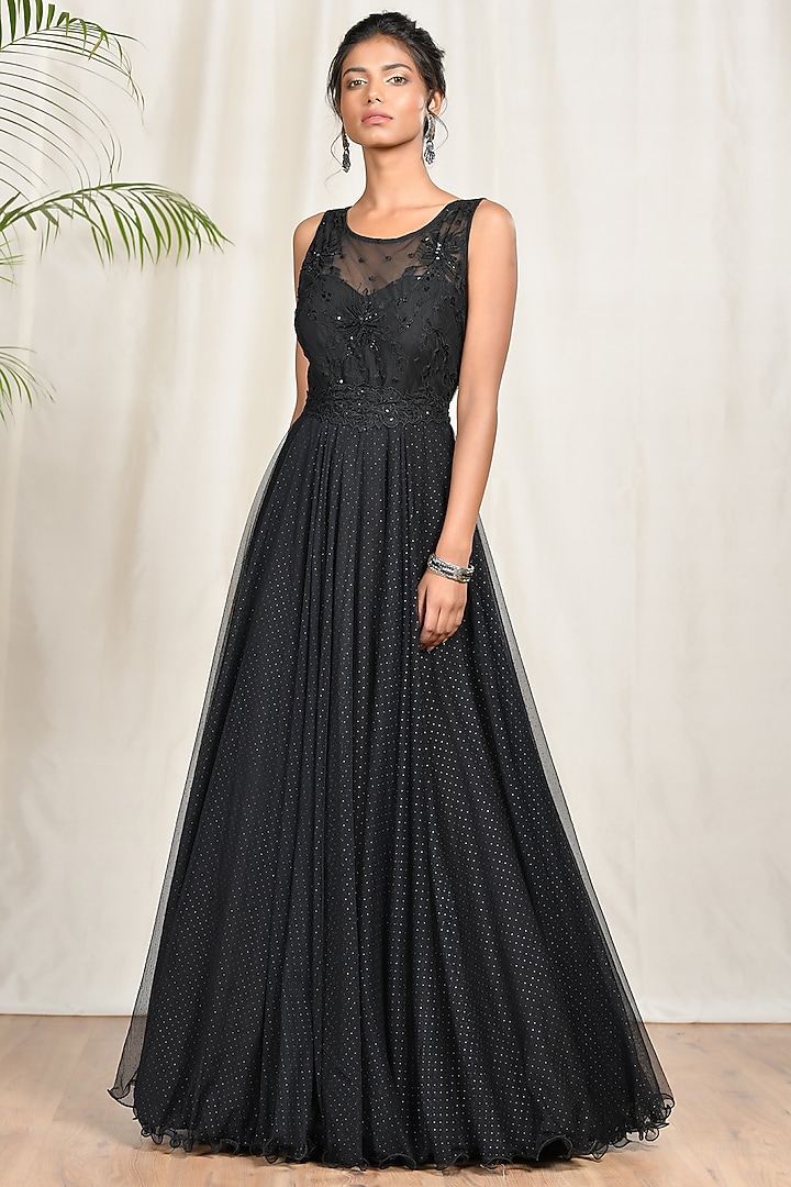 Black Embroidered Sleeveless Gown by Ri Ritu Kumar at Pernia's Pop