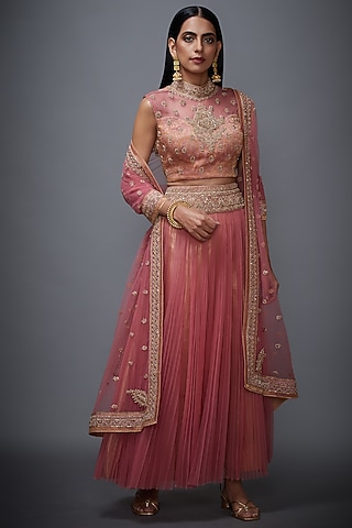 Dusty Pink & Gold Embroidered Skirt Set by Ri Ritu Kumar