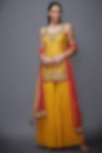 Yellow Viscose Dupion Embroidered Gharara Set by Ri Ritu Kumar