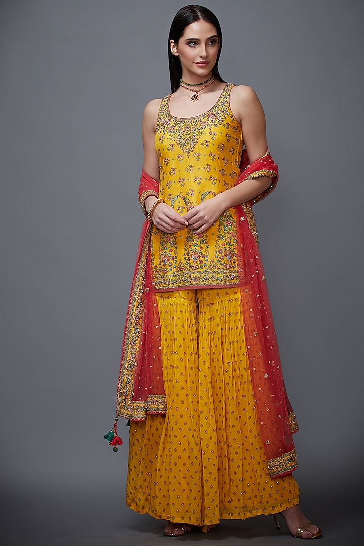 Yellow Viscose Dupion Embroidered Gharara Set by Ri Ritu Kumar