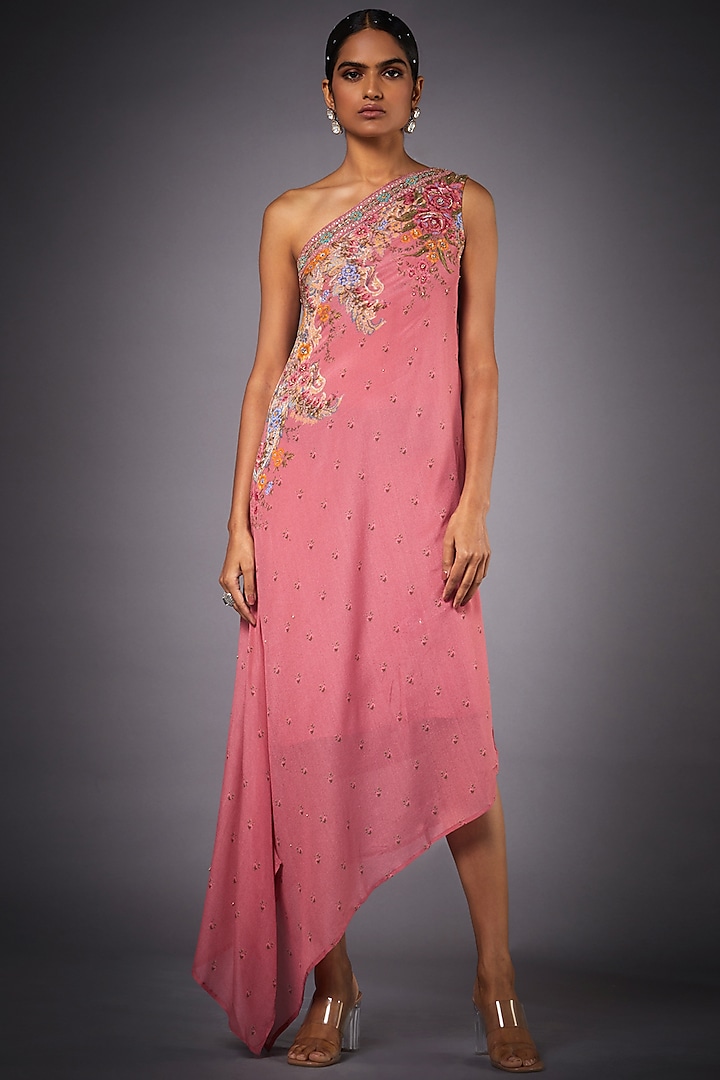 Pink Floral Off Shoulder Dress by Ri Ritu Kumar