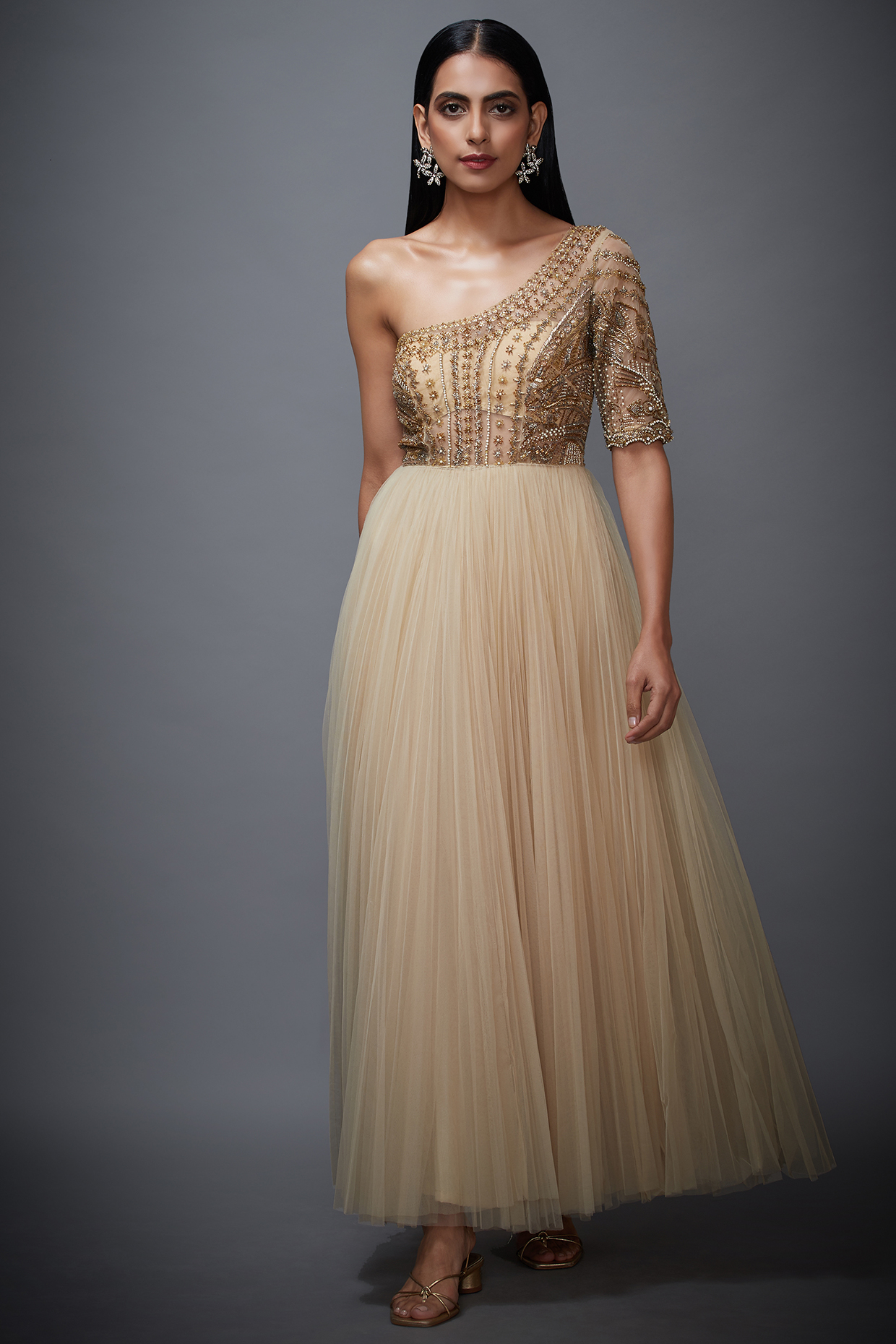 Beige & Gold Embroidered Dress by Ri Ritu Kumar
