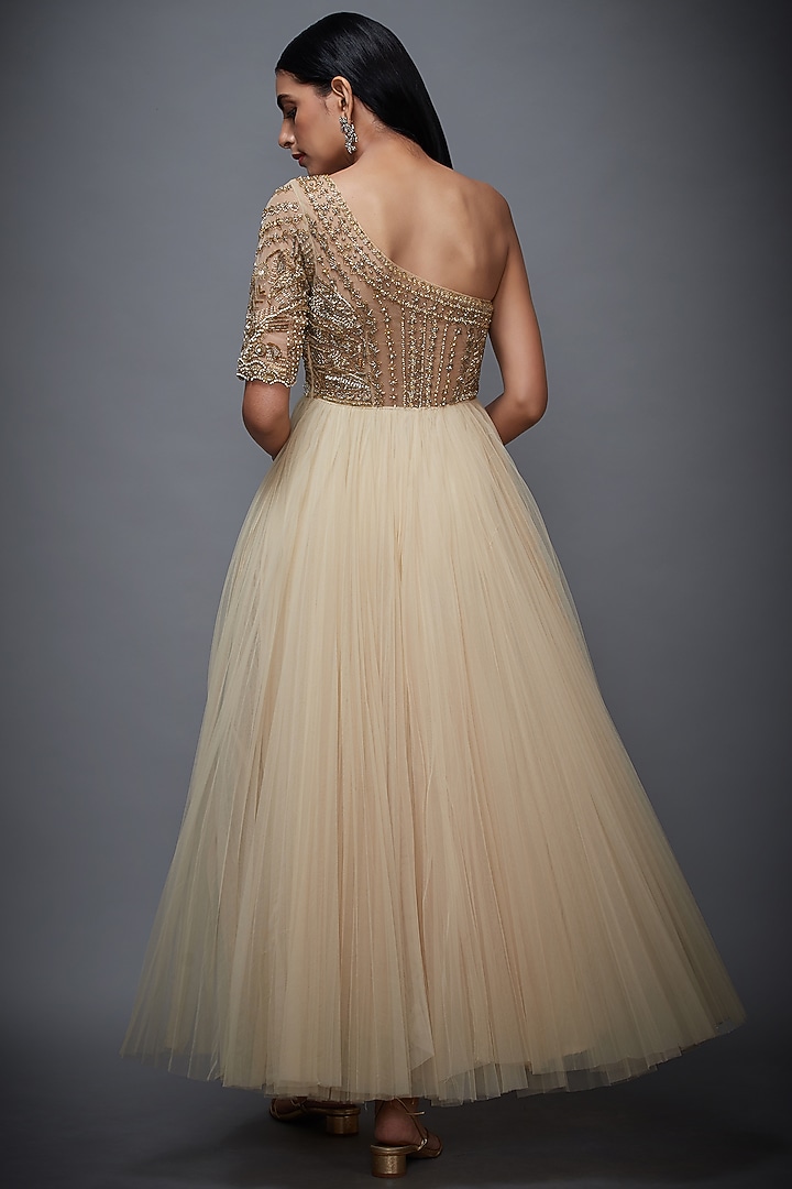 Beige & Gold Embroidered Cocktail Dress by Ri Ritu Kumar at Pernia's Pop Up Shop