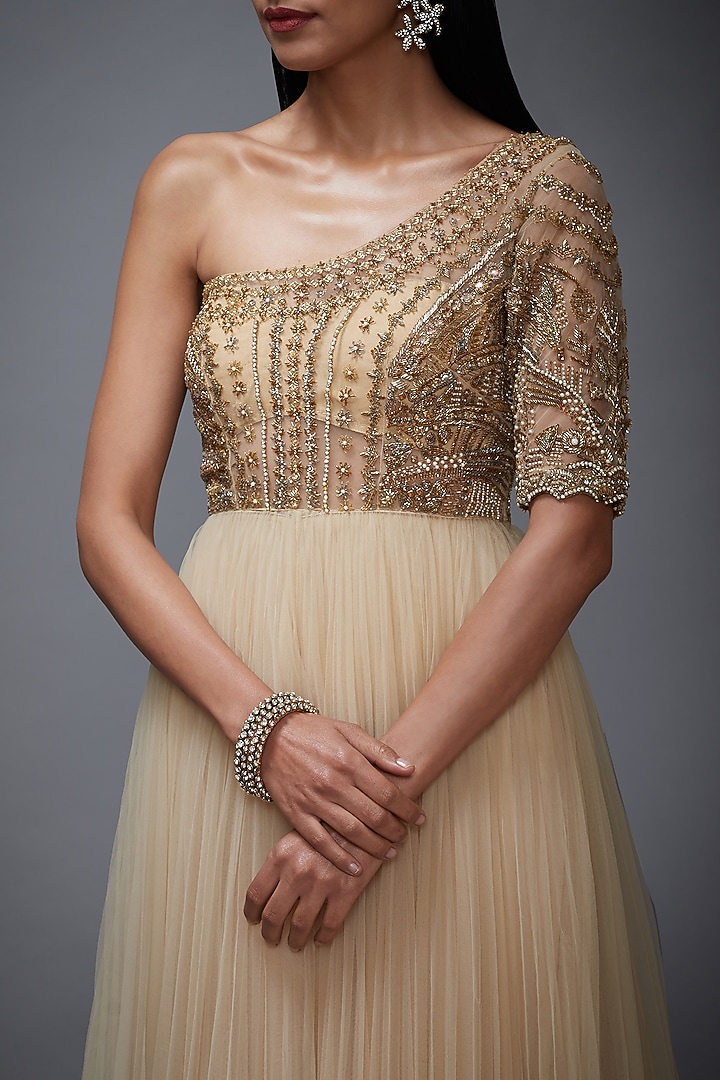 Beige & Gold Embroidered Cocktail Dress by Ri Ritu Kumar at Pernia's Pop Up Shop