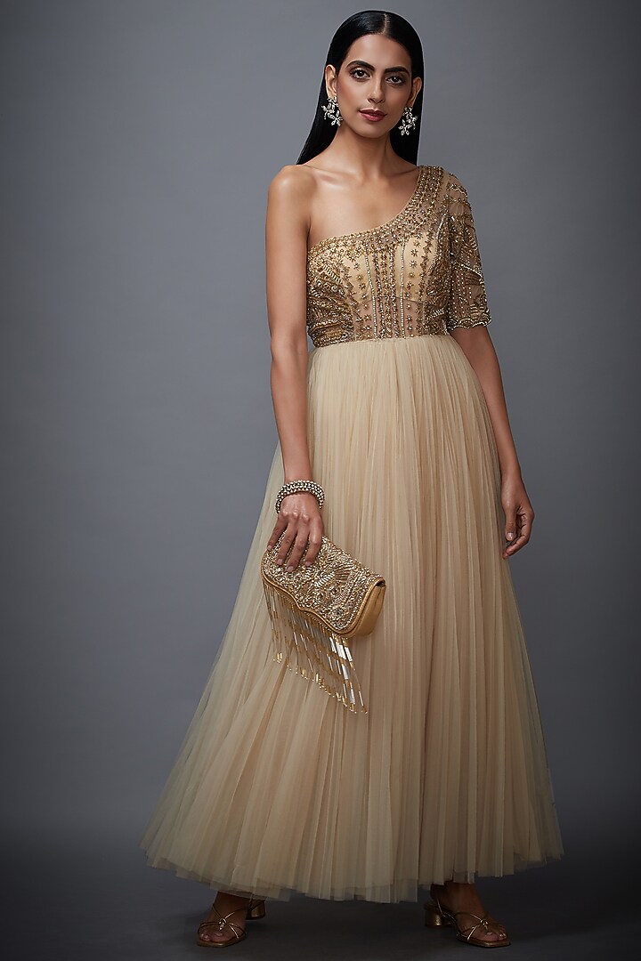 Beige & Gold Embroidered Cocktail Dress by Ri Ritu Kumar at Pernia's Pop Up Shop