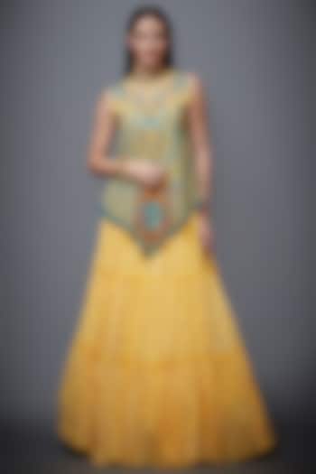 Yellow & Turquoise Embroidered Skirt Set by Ri Ritu Kumar