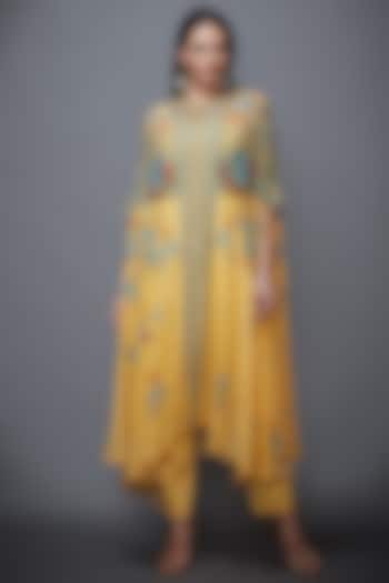 Yellow & Turquoise Embroidered Pant Set by Ri Ritu Kumar
