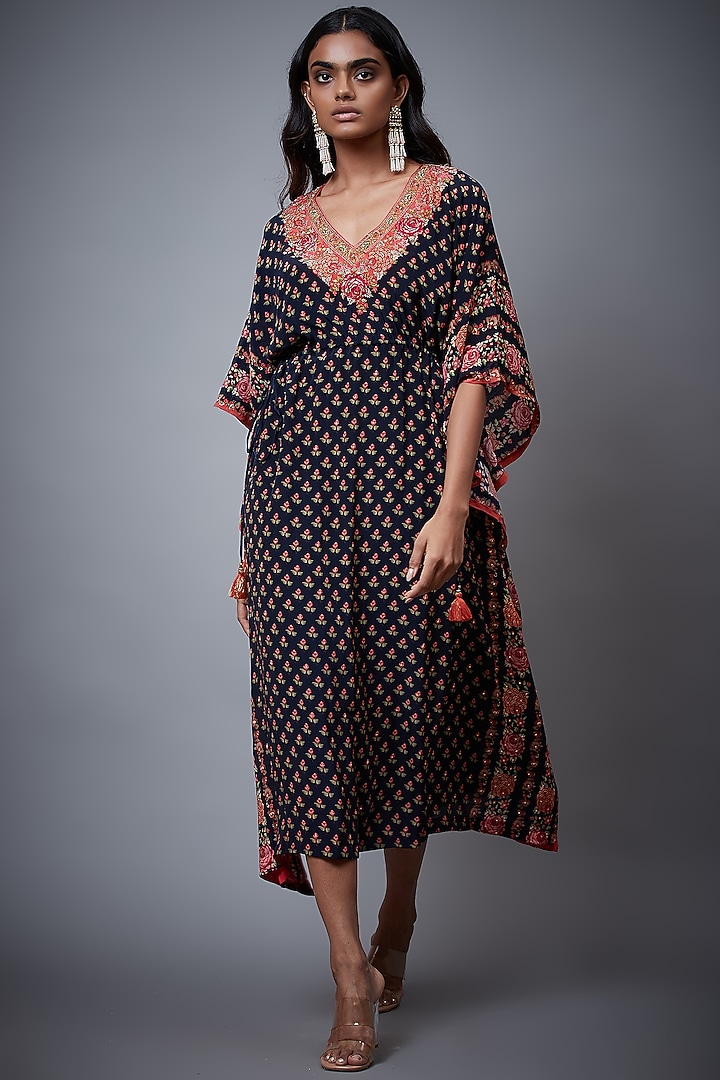 Navy Rayon Crepe Floral Printed & Hand Embroidered Kaftan by Ri Ritu Kumar at Pernia's Pop Up Shop