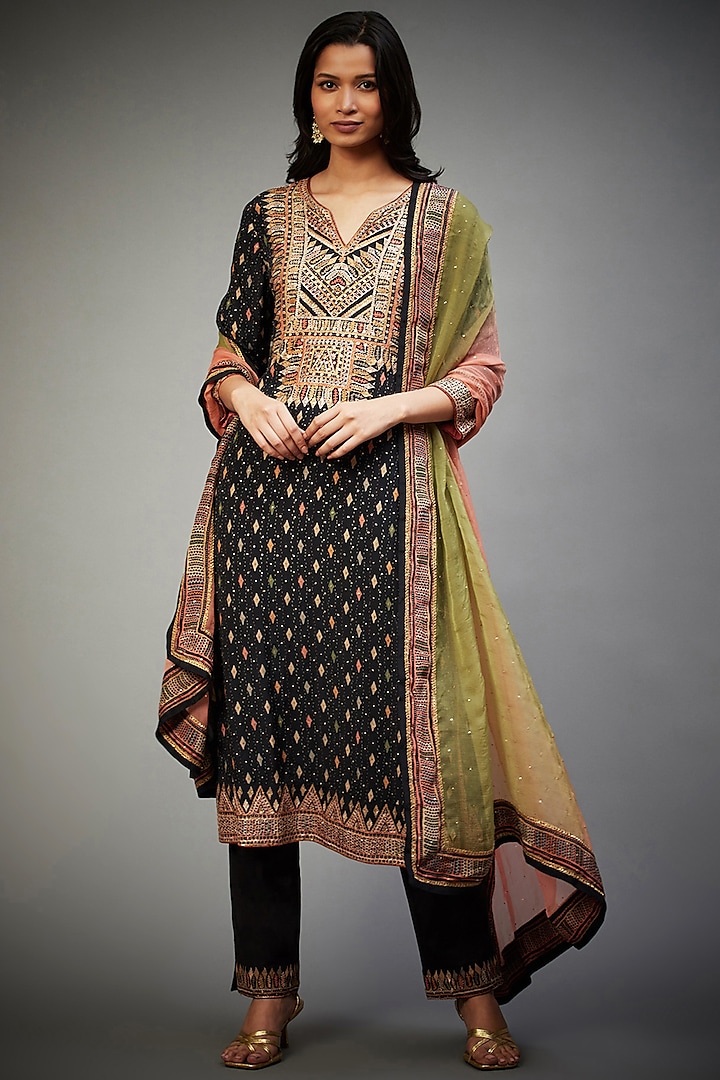 Black Rayon Crepe Rabari Hand Embroidered Kurta Set by Ri Ritu Kumar at Pernia's Pop Up Shop