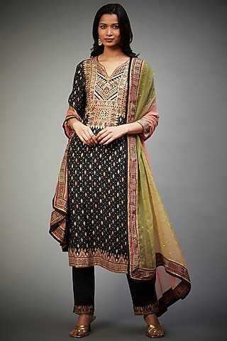Black Rayon Crepe Rabari Hand Embroidered Kurta Set by Ri Ritu Kumar