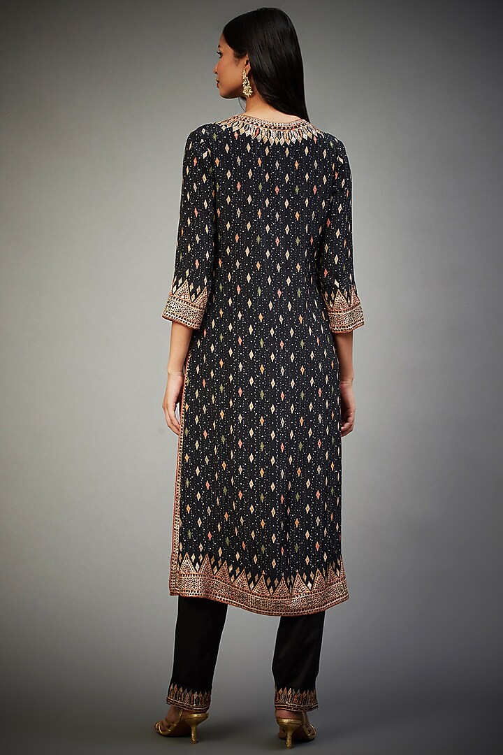 Black Rayon Crepe Rabari Hand Embroidered Kurta Set by Ri Ritu Kumar at Pernia's Pop Up Shop