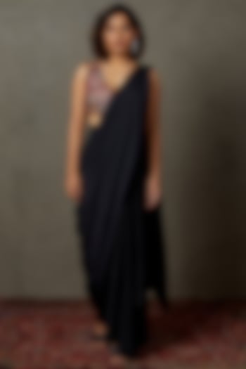 Black Rayon Crepe Draped Skirt Set by Ri Ritu Kumar at Pernia's Pop Up Shop