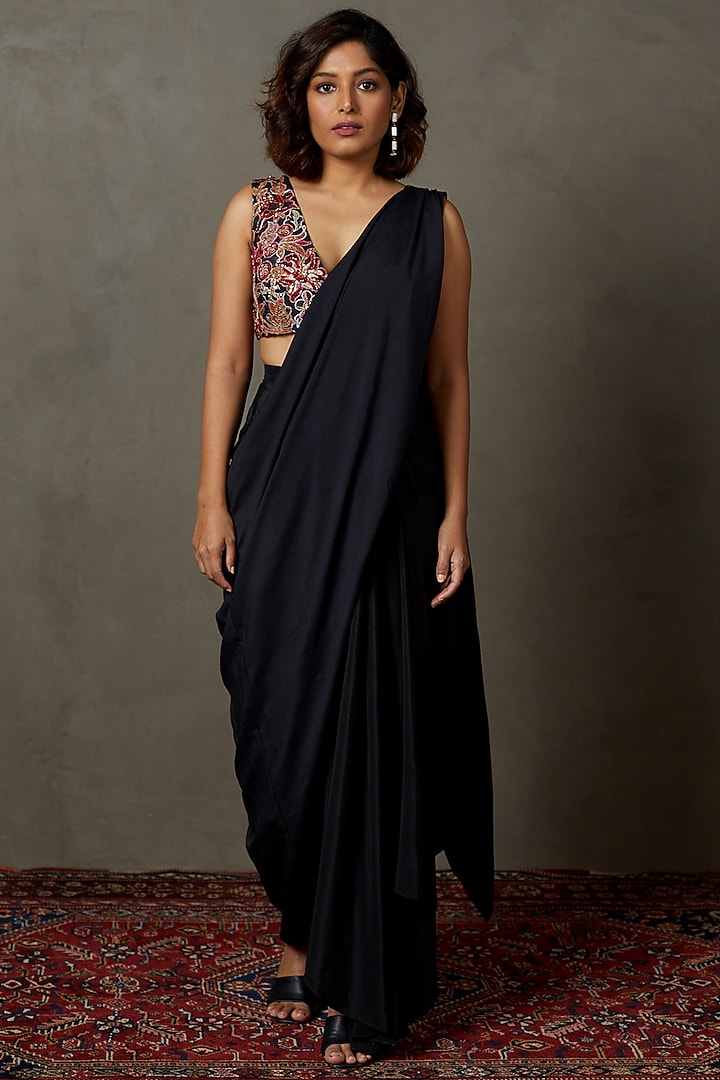 Black Rayon Crepe Draped Skirt Set by Ri Ritu Kumar at Pernia's Pop Up Shop