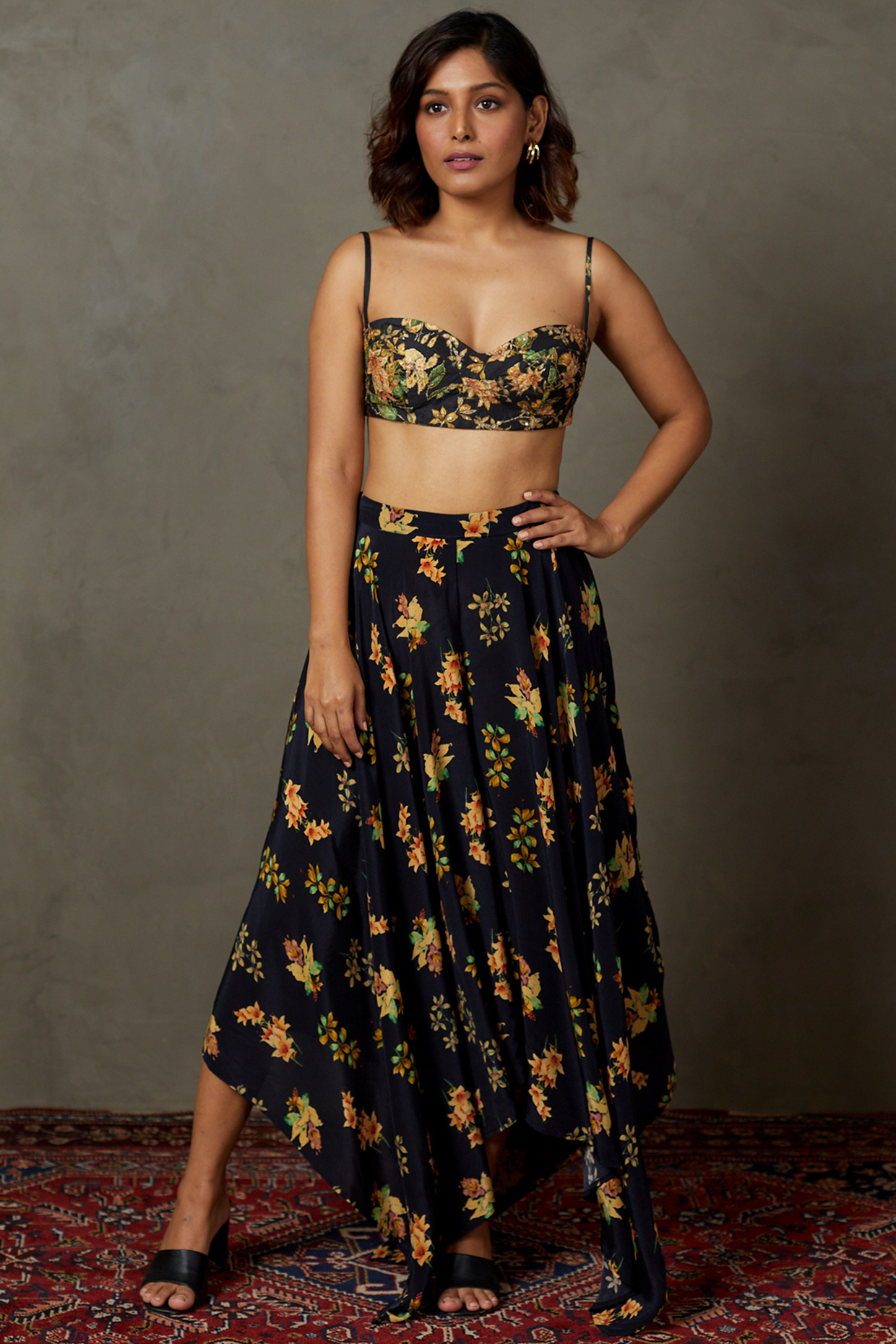 Black Polyester Dupion Floral printed Palazzo Pant Set by Ri Ritu Kumar at Pernia's Pop Up Shop
