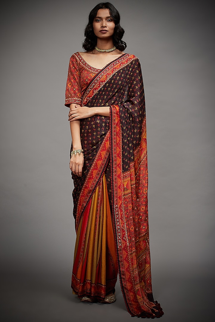 Multi-Colored Viscose Chinon Machine & Hand Embroidered Wedding Saree Set by Ri Ritu Kumar at Pernia's Pop Up Shop