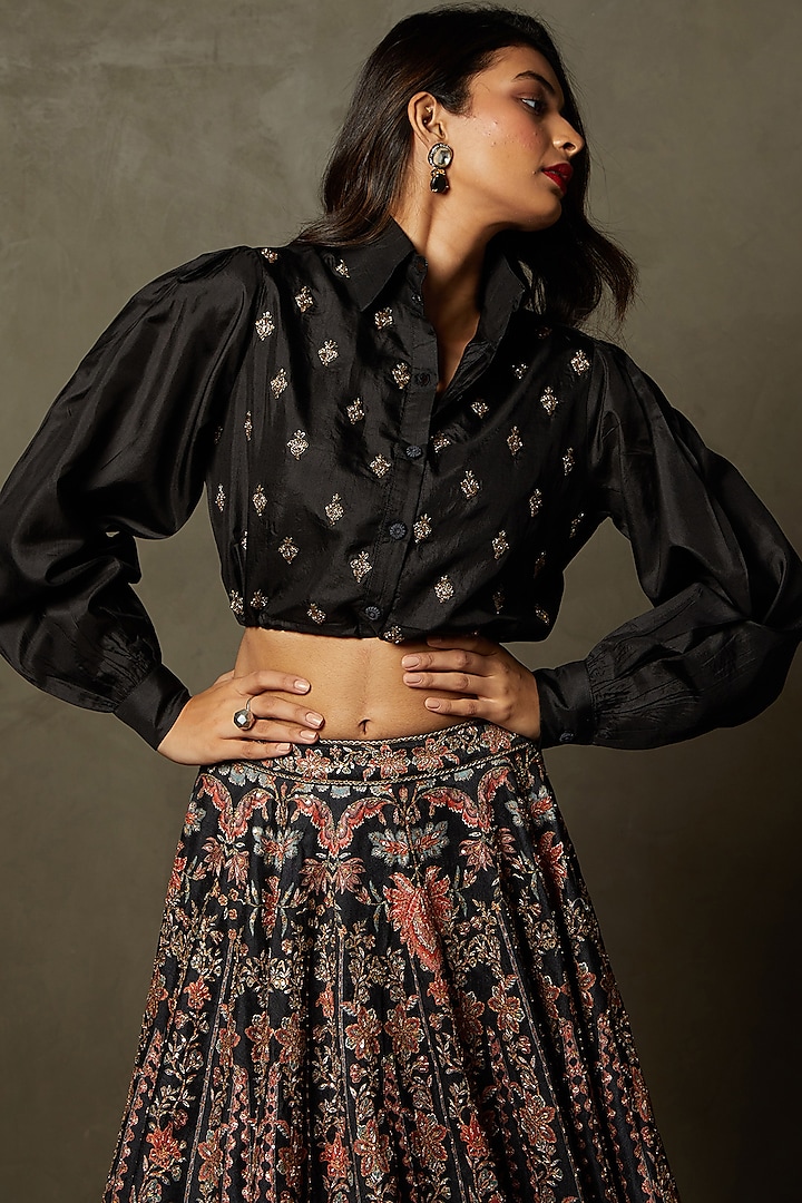 Black Silk Taffeta Zardosi Hand Embroidered Blouse by Ri Ritu Kumar at Pernia's Pop Up Shop