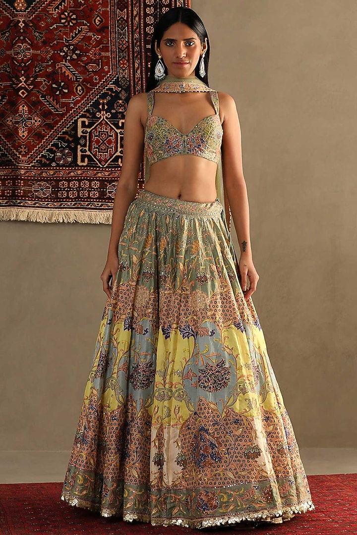 Moss Green Silk Aari Tikki Hand Embroidered & Floral Printed Bridal Lehenga Set by Ri Ritu Kumar at Pernia's Pop Up Shop