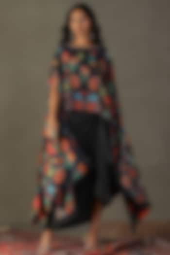 Black Silk Floral Printed & Embroidered Cape Set by Ri Ritu Kumar at Pernia's Pop Up Shop