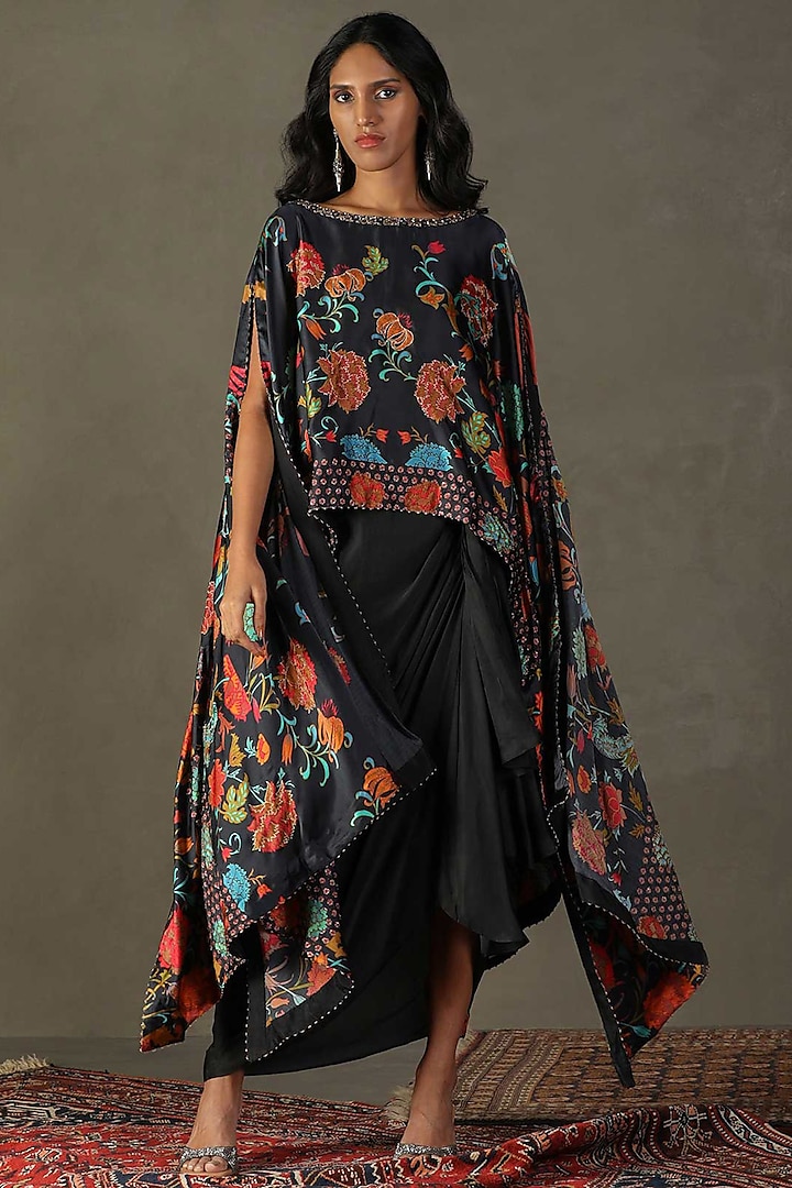 Black Silk Floral Printed & Embroidered Cape Set by Ri Ritu Kumar at Pernia's Pop Up Shop