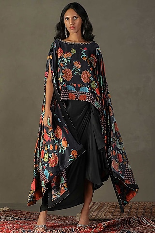 Black Silk Floral Printed & Embroidered Cape Set by Ri Ritu Kumar