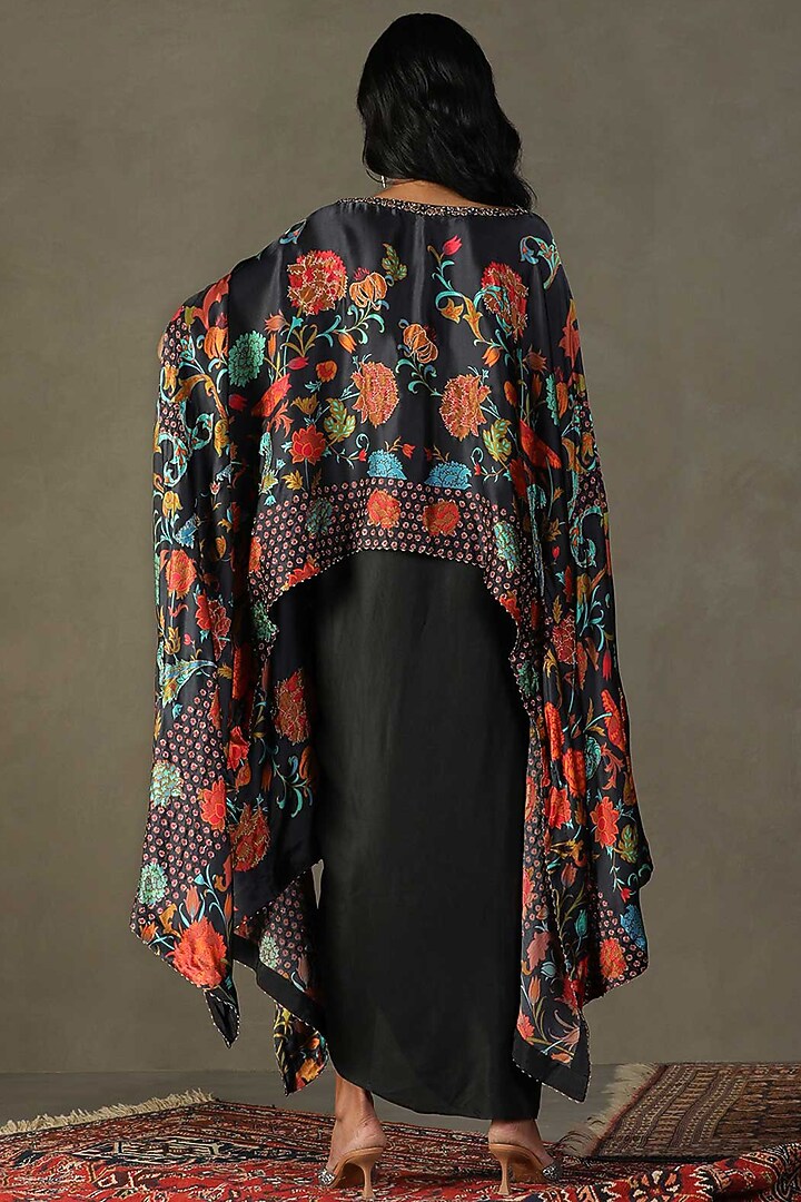 Black Silk Floral Printed & Embroidered Cape Set by Ri Ritu Kumar at Pernia's Pop Up Shop