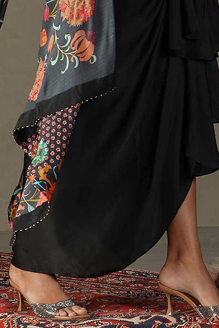 Black Silk Floral Printed & Embroidered Cape Set by Ri Ritu Kumar at Pernia's Pop Up Shop