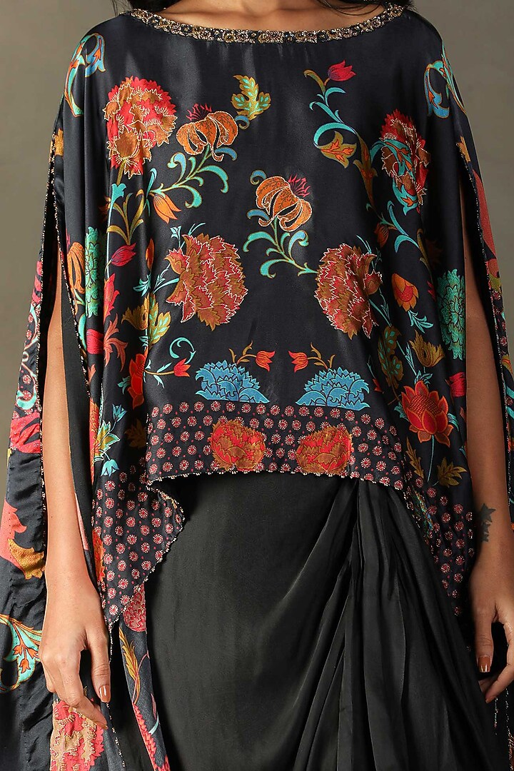 Black Silk Floral Printed & Embroidered Cape Set by Ri Ritu Kumar at Pernia's Pop Up Shop