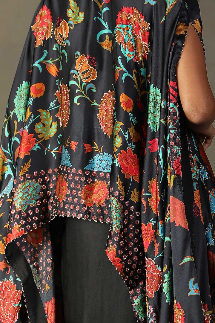 Black Silk Floral Printed & Embroidered Cape Set by Ri Ritu Kumar at Pernia's Pop Up Shop