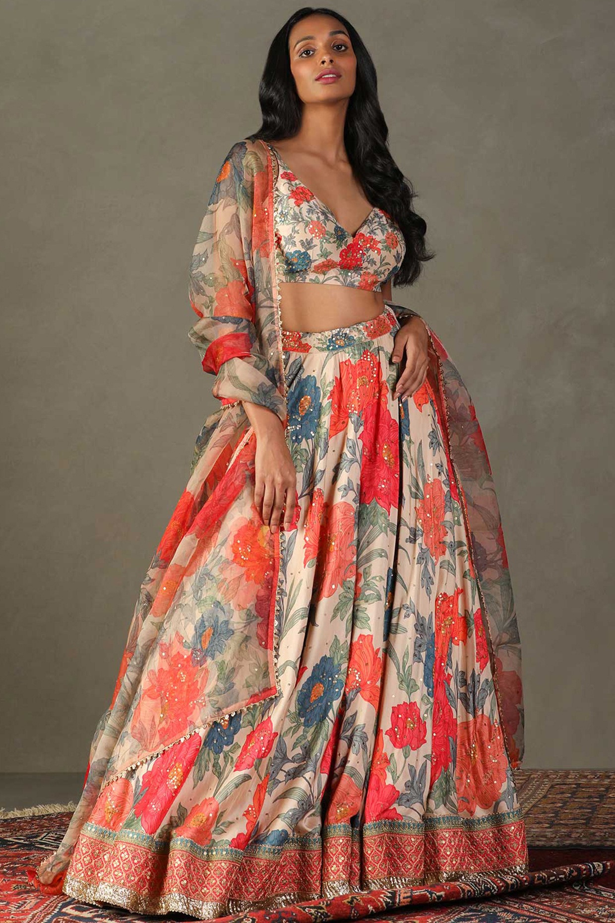 Pastel Tan Silk Floral Printed Wedding Lehenga Set by Ri Ritu Kumar at ...