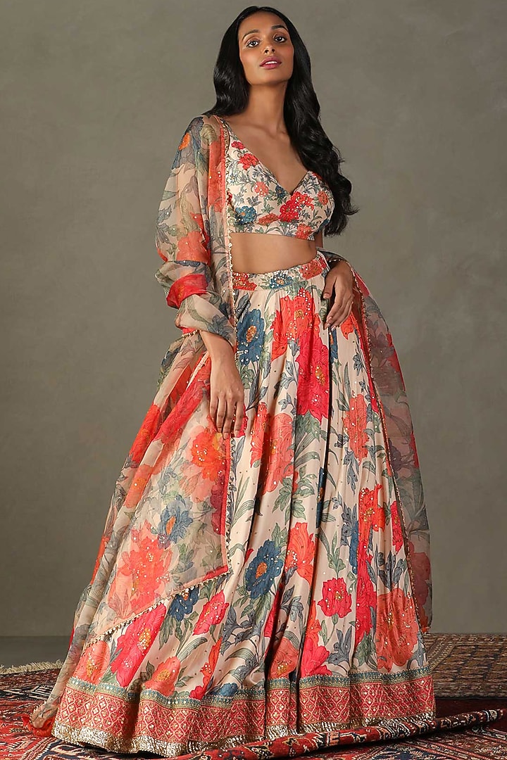 Pastel Tan Silk Floral Printed Bridal Lehenga Set by Ri Ritu Kumar at Pernia's Pop Up Shop