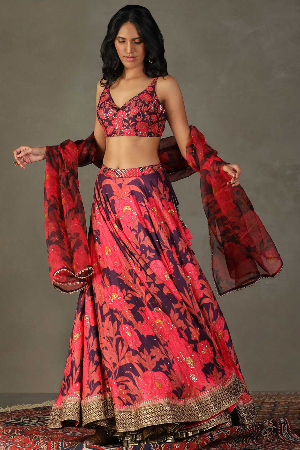 Aubergine & Pink Silk Floral Printed Bridal lehenga for 22 Lehenga Set by Ri Ritu Kumar at Pernia's Pop Up Shop