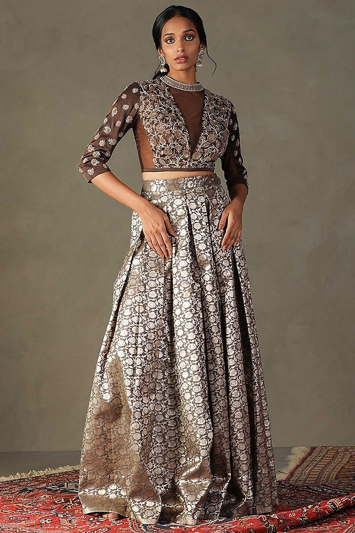 Grey Viscose Polyester Dori Embroidered Skirt Set by Ri Ritu Kumar
