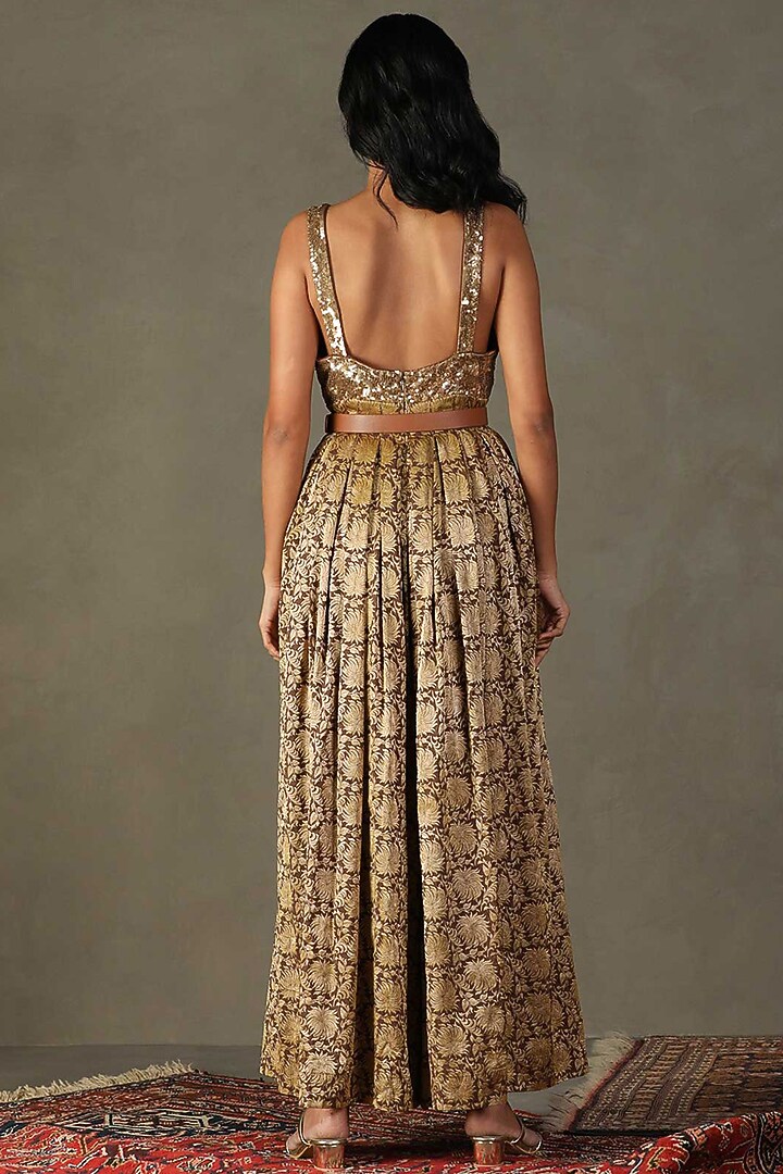 Brown & Gold Silk Sequins Hand Embroidered Jumpsuit by Ri Ritu Kumar at Pernia's Pop Up Shop