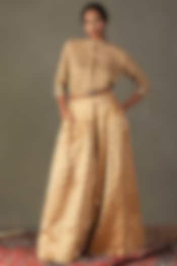 Honey Gold Silk Viscose Aari Hand Embroidered Palazzo Pant Set by Ri Ritu Kumar at Pernia's Pop Up Shop