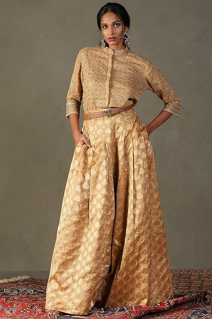 Honey Gold Silk Viscose Aari Hand Embroidered Palazzo Pant Set by Ri Ritu Kumar at Pernia's Pop Up Shop