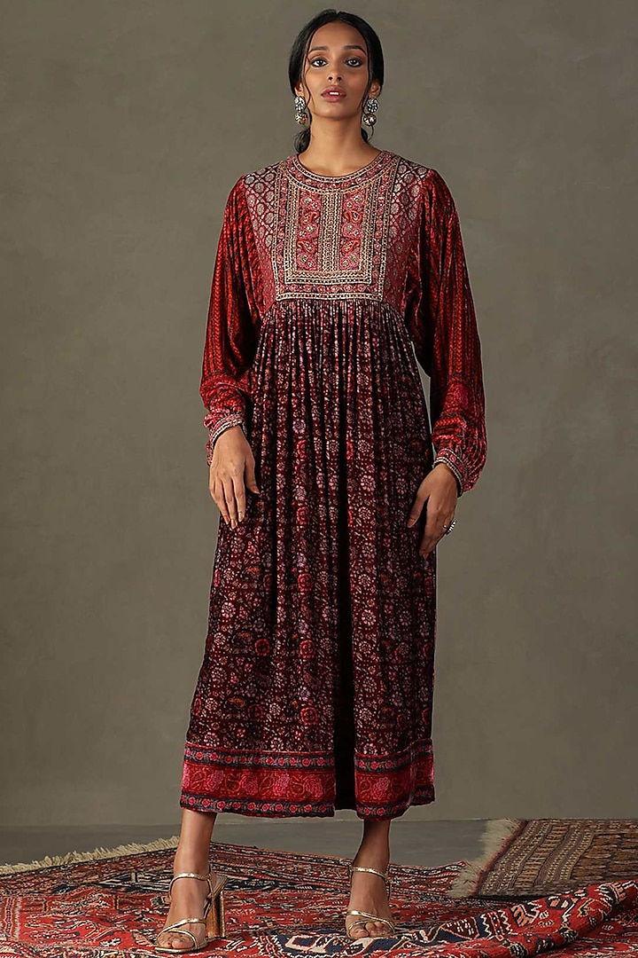 Plum Velvet Floral Printed & Zardosi Embroidered Maxi Dress by Ri Ritu Kumar at Pernia's Pop Up Shop