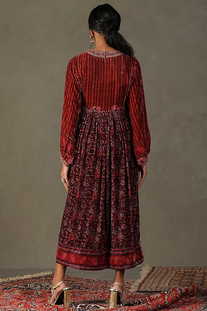 Plum Velvet Floral Printed & Zardosi Embroidered Maxi Party Wear Dress by Ri Ritu Kumar at Pernia's Pop Up Shop