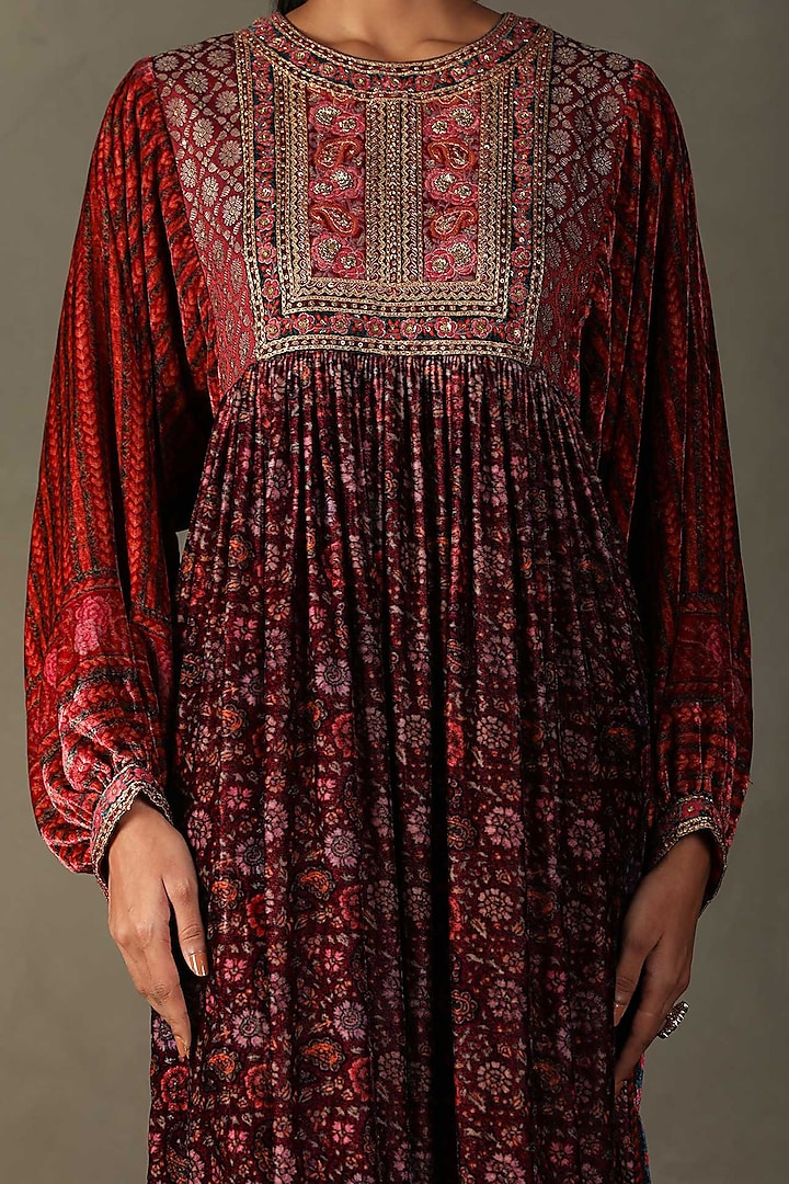 Plum Velvet Floral Printed & Zardosi Embroidered Maxi Party Wear Dress by Ri Ritu Kumar at Pernia's Pop Up Shop
