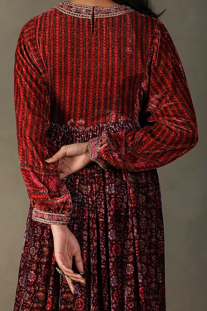 Plum Velvet Floral Printed & Zardosi Embroidered Maxi Party Wear Dress by Ri Ritu Kumar at Pernia's Pop Up Shop