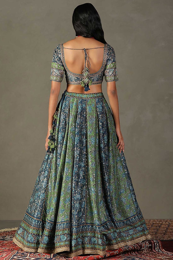 Blue Flat Dupion Aari Tikki Hand Embroidered Wedding Lehenga Set by Ri Ritu Kumar at Pernia's Pop Up Shop