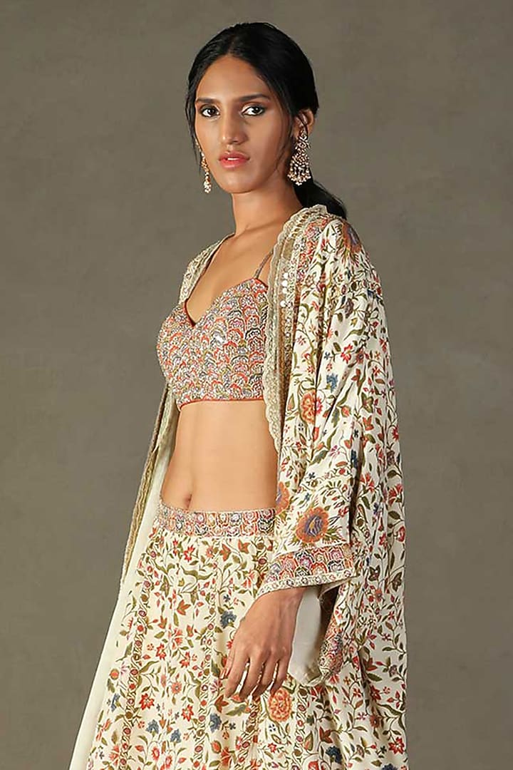 Off-White Silk Floral Printed Cape Set by Ri Ritu Kumar at Pernia's Pop Up Shop