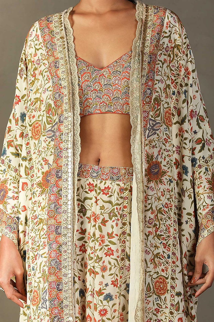 Off-White Silk Floral Printed Cape Set by Ri Ritu Kumar at Pernia's Pop Up Shop