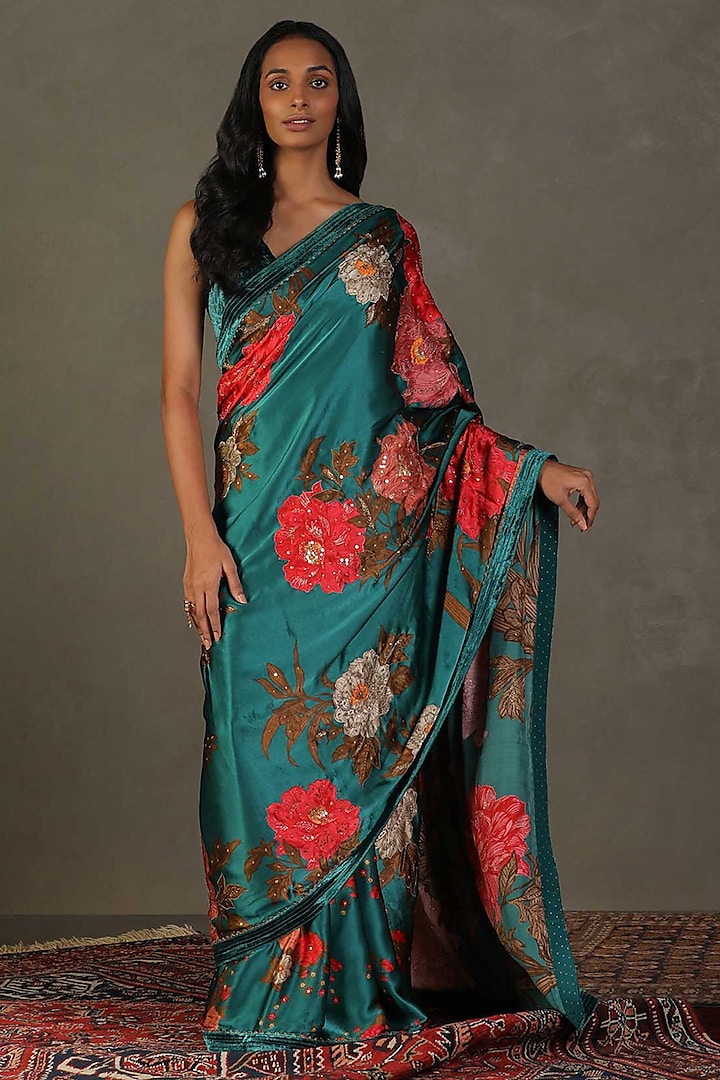 Teal Silk Floral Printed Saree Set by Ri Ritu Kumar