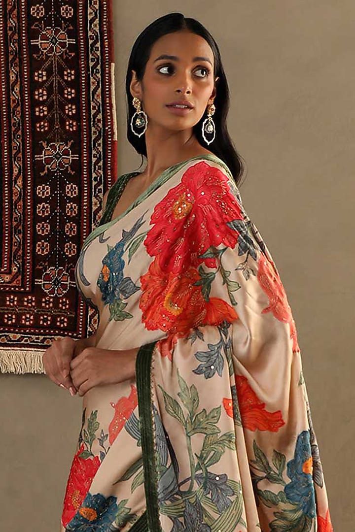 Tan Silk Floral Printed Reception Saree Set by Ri Ritu Kumar at Pernia's Pop Up Shop