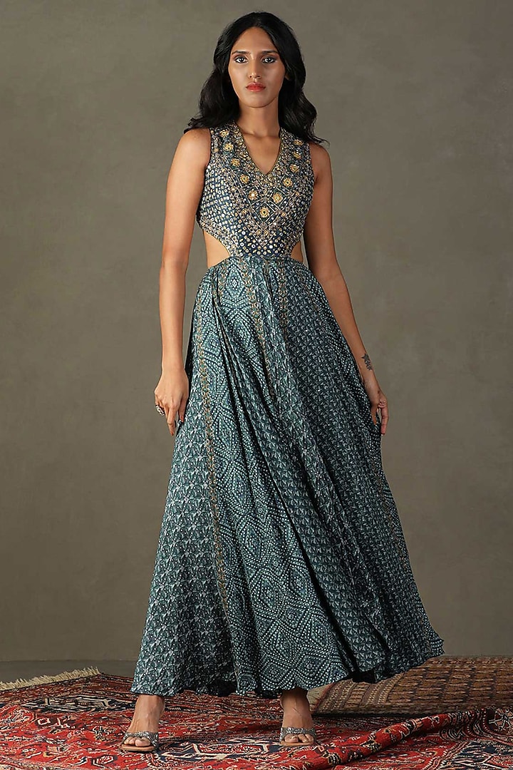 Blue Silk Geometric Printed Maxi Dress by Ri Ritu Kumar
